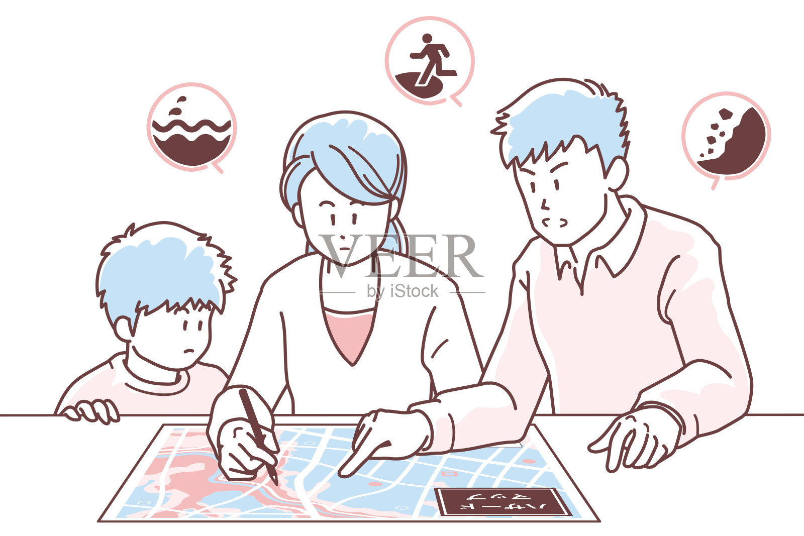 一个家庭在危险地图上检查疏散路线的插图插画图片素材
