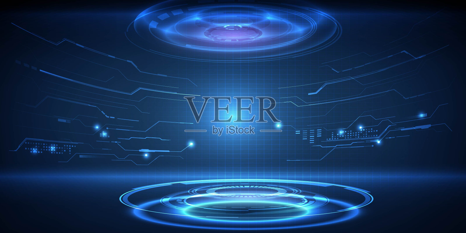 矢量插画数字展厅和霓虹蓝色高科技舞台,以数字元素网格线电路围绕布局和产品展示。插画图片素材