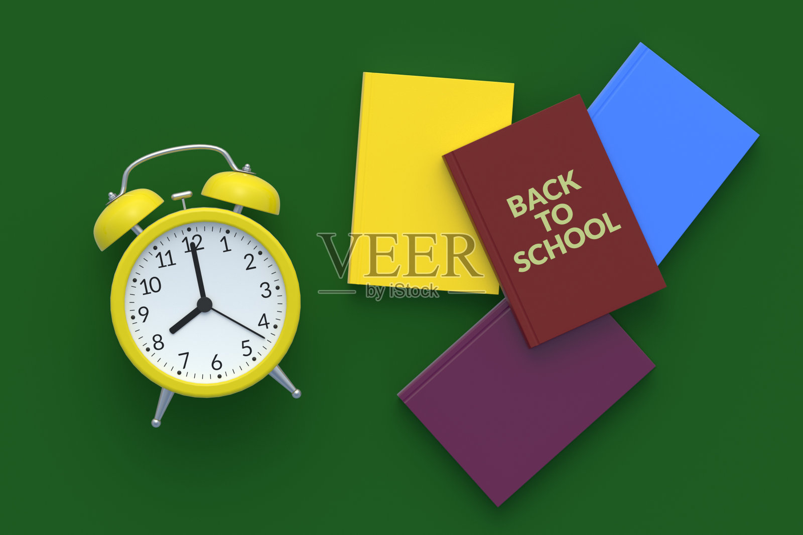 回校的词在闹钟附近的书。前视图。三维渲染照片摄影图片
