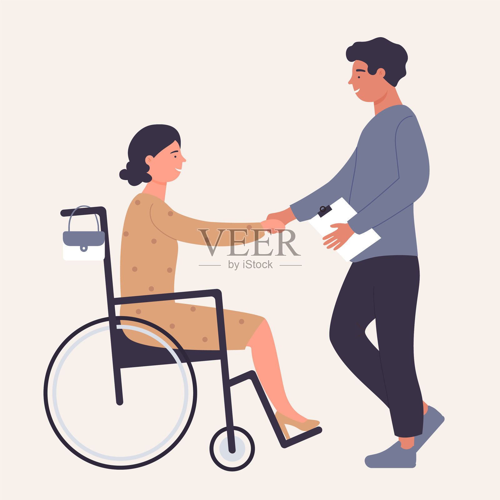 快乐的男孩遇见轮椅上的残疾女孩插画图片素材