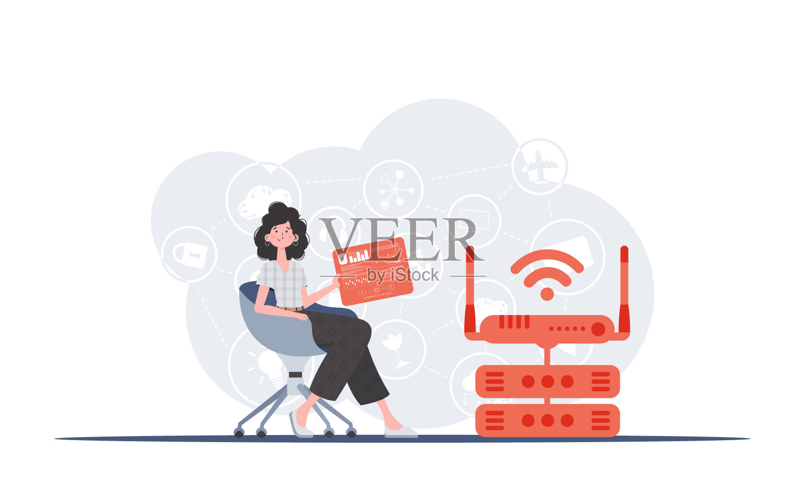 物联网的概念。一个女人坐在椅子上,手里拿着一个装有分析仪和指示器的面板。适用于网站和演讲。时髦的公寓风格。向量。插画图片素材