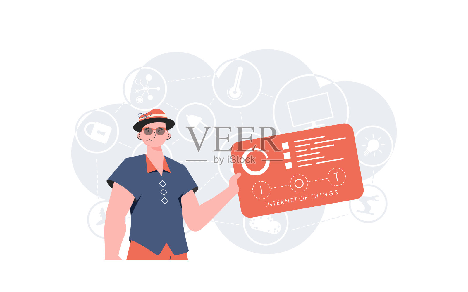 物联网和自动化概念。一个男人手里拿着一个装有分析仪和指示器的面板。适用于网站和演讲。矢量插图在平面风格。插画图片素材