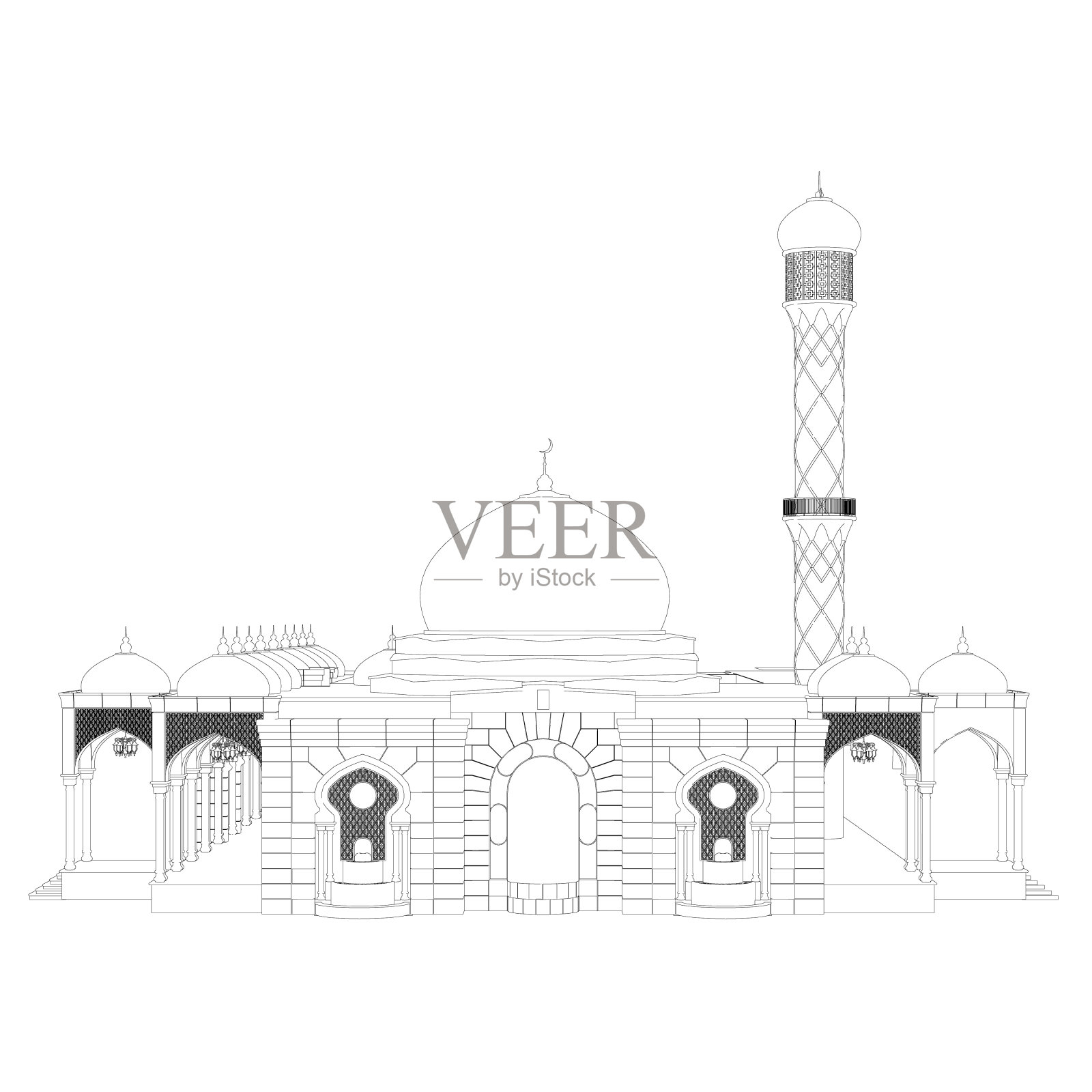 白色背景上黑线勾勒出一座大寺庙的轮廓。前视图。3 d。矢量插图。插画图片素材