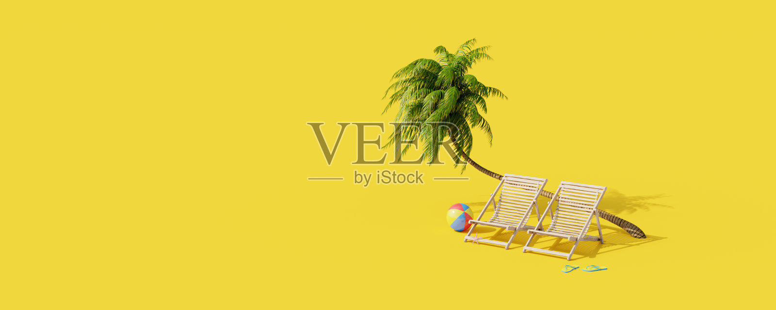 黄色背景下的棕榈树下的沙滩椅,创意夏季旅行概念3D渲染照片摄影图片