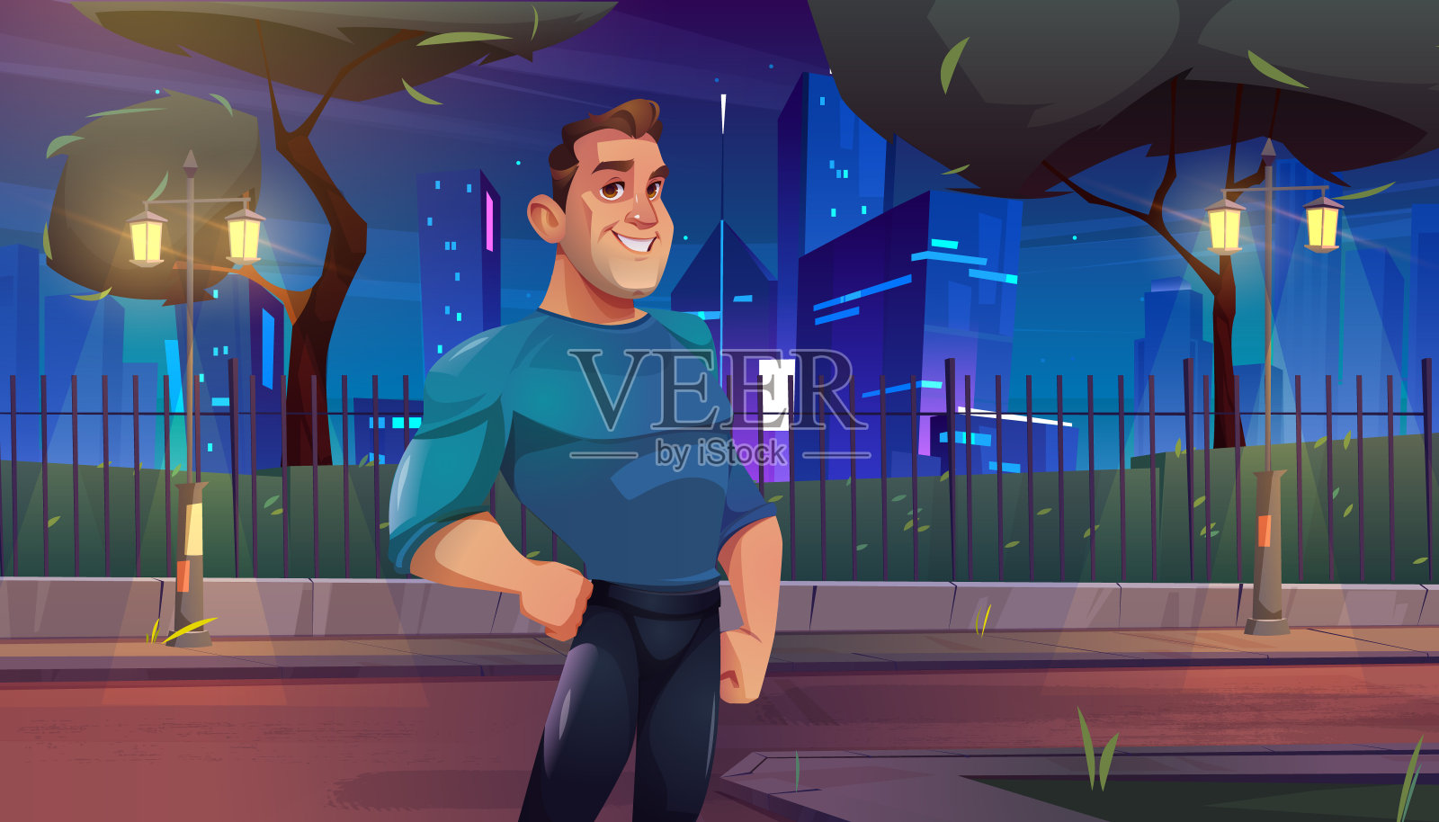 运动员,强壮的男人在夜晚的城市街道上插画图片素材