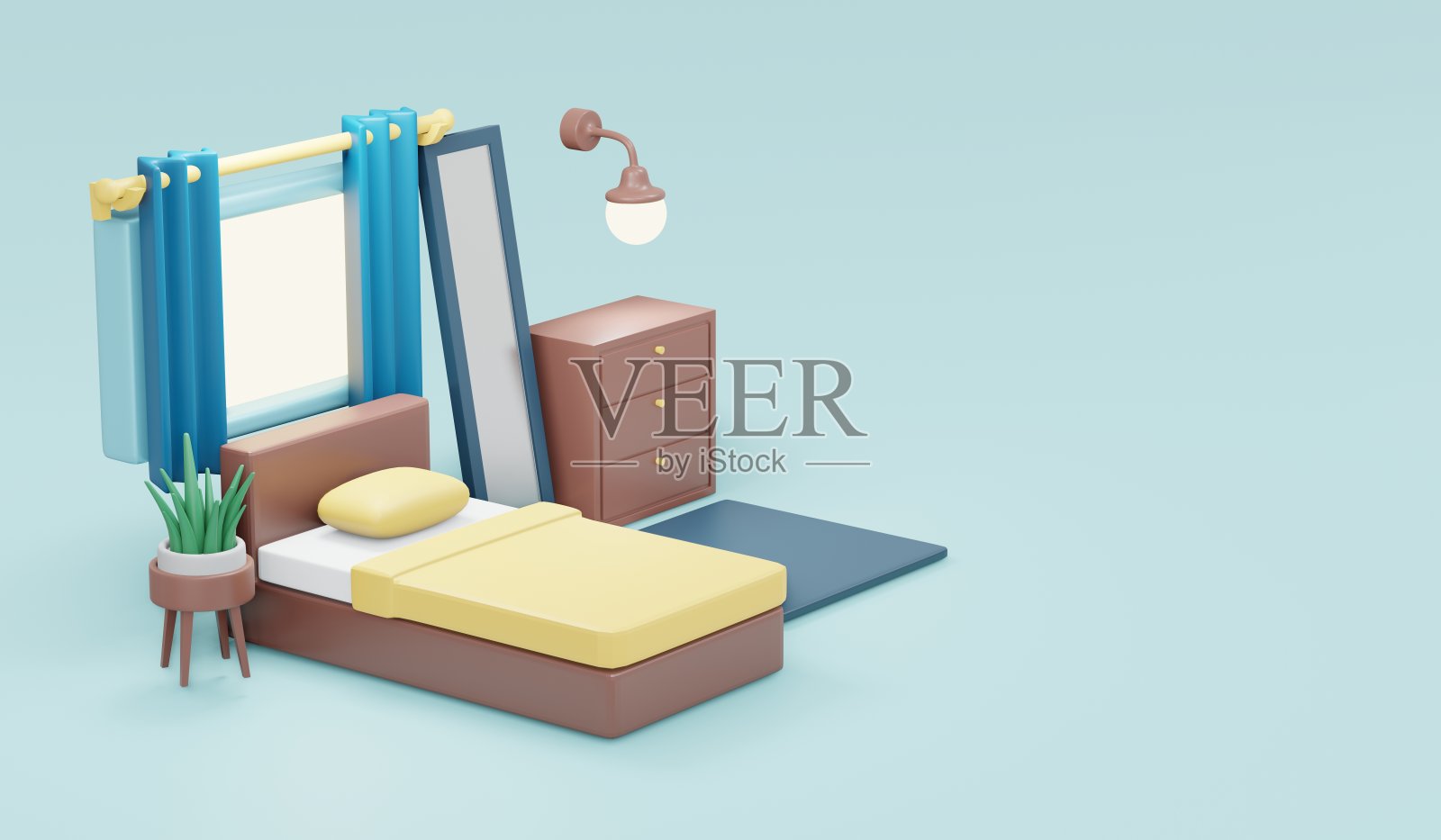 3d渲染卧室家具床抽屉壁灯植物镜的背景概念卧室。3d渲染插图卡通风格。照片摄影图片