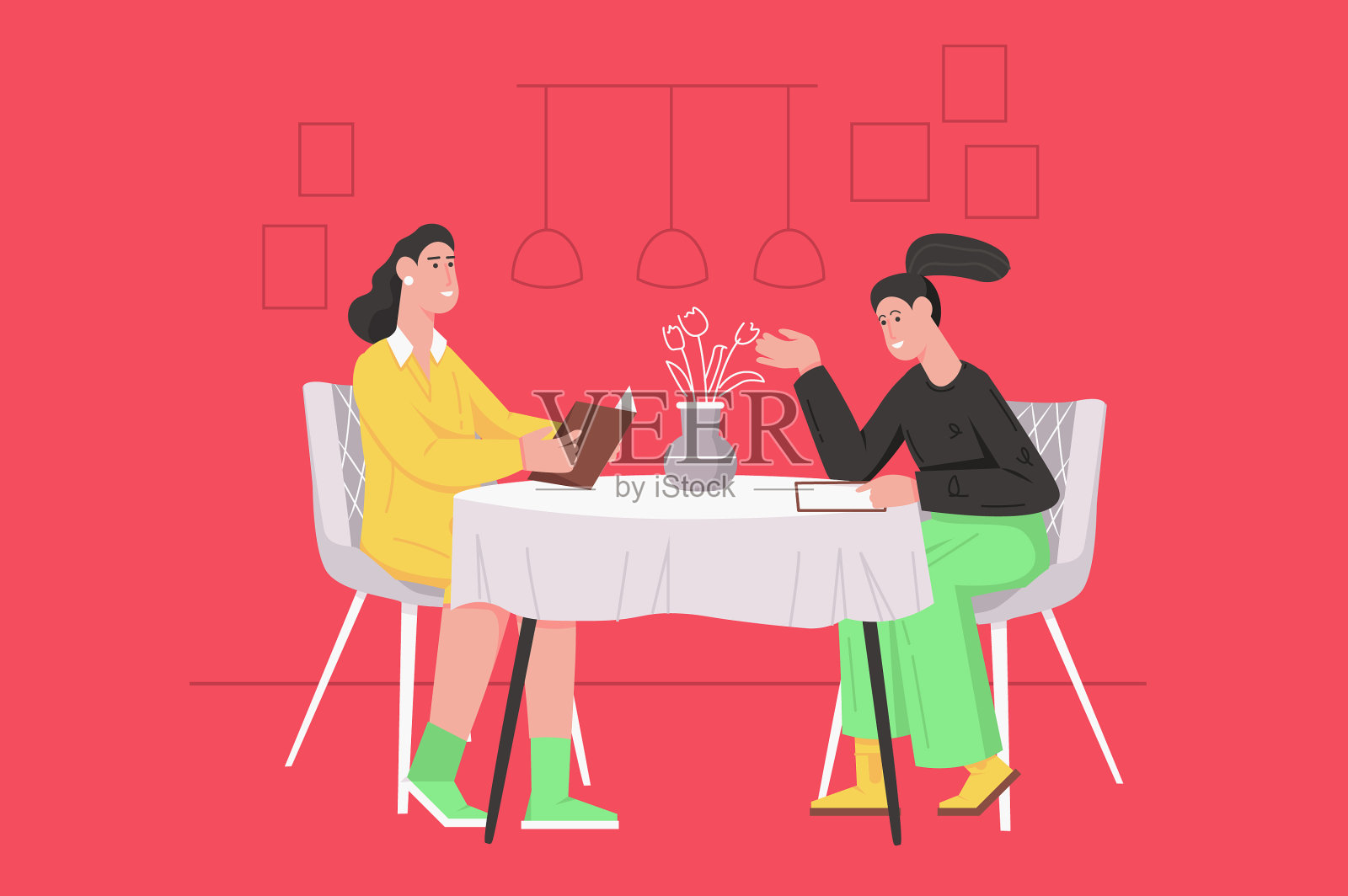 晚餐在餐厅现代平面概念插画图片素材