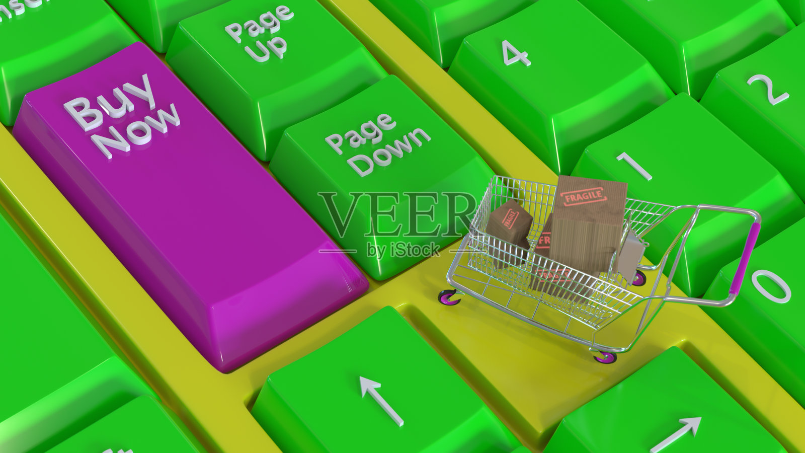 网上购物配送服务理念。购物车里的棕色纸盒,笔记本电脑键盘放在办公室背景的木桌子上。简单的购物。三维渲染照片摄影图片