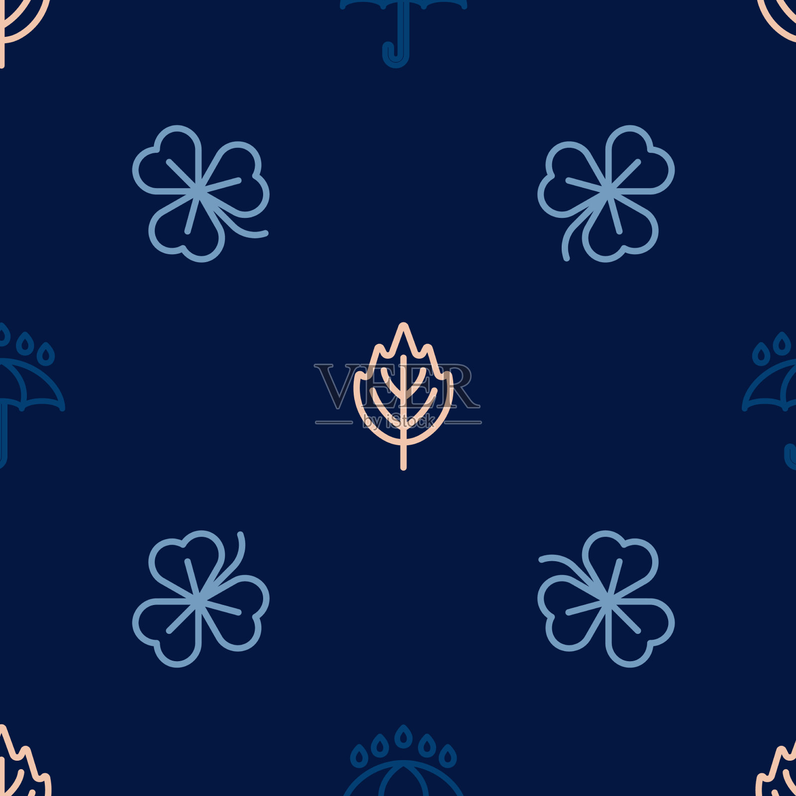 设置线伞和雨滴三叶草和树叶图标素材