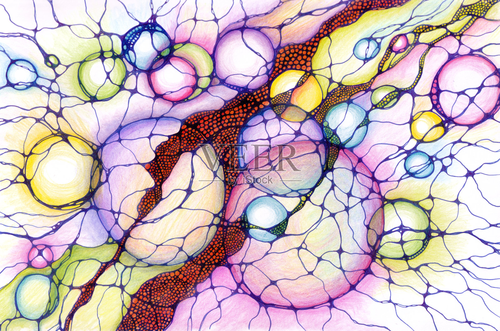 神经艺术图形概念彩色泡泡,圆圈和流。大脑艺术治疗,心理安全护理,铅笔画。插画图片素材
