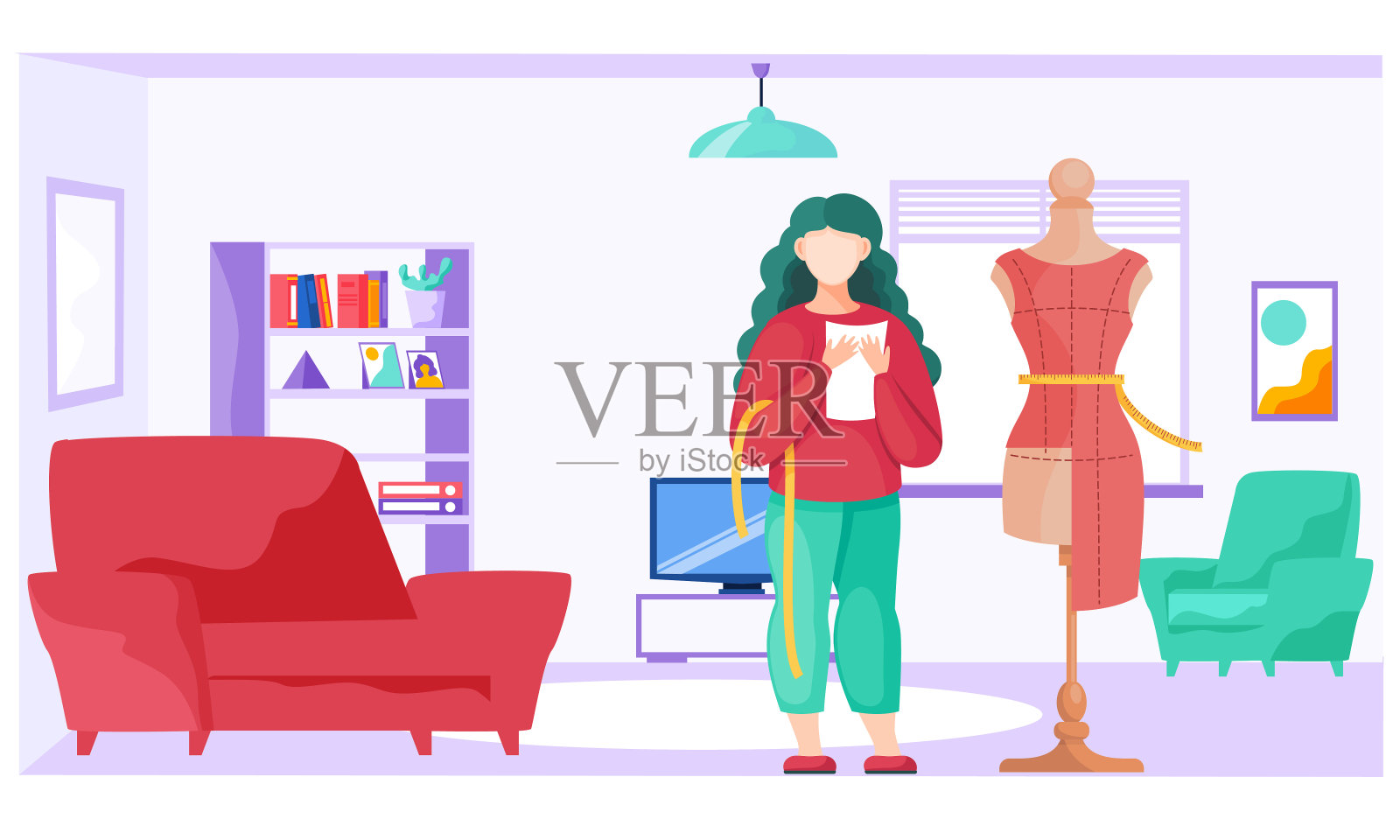 与设计师或女裁缝根据服装式样进行缝纫。女孩在家做衣服插画图片素材