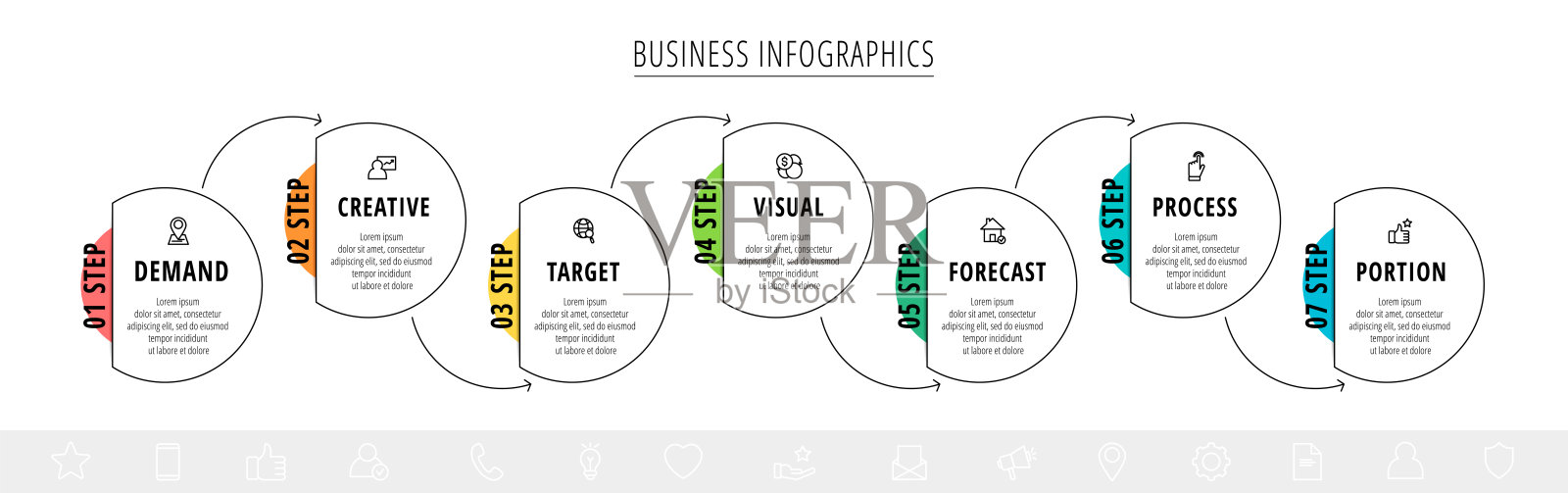 矢量线信息图模板为7个箭头和圆圈。七个元素和图标的商业理念。现代空白的图表,内容,步骤的步骤插画图片素材