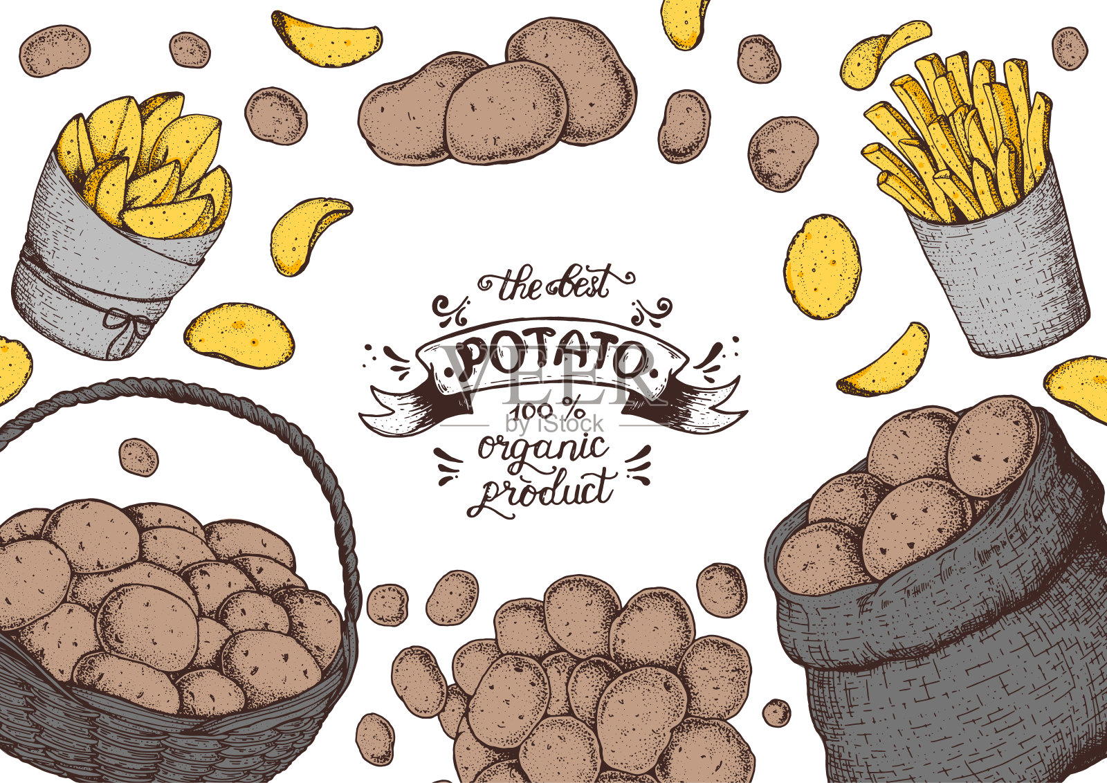 土豆矢量插图。一盒一袋的土豆。炸薯条,土制土豆和手绘薯片。雕刻风格的插图。包装设计。插画图片素材