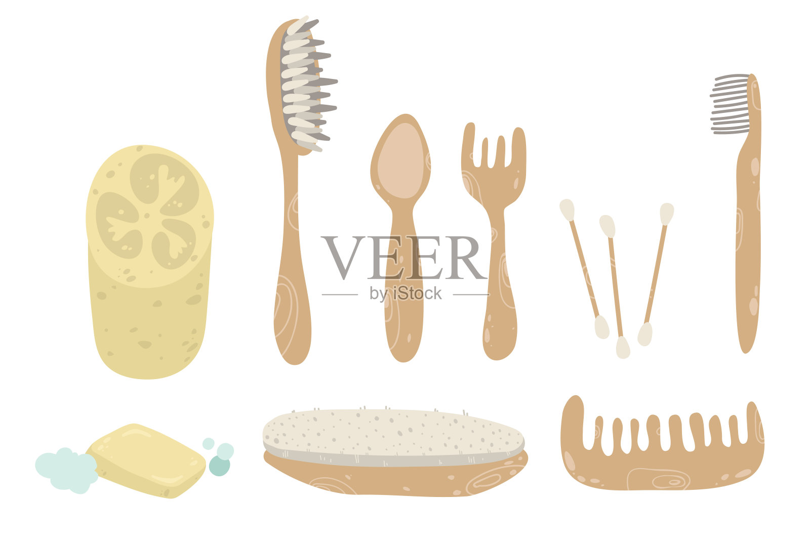 设置零废物可重复使用卫生物品矢量平面插图。收集环保元素,隔离护理。木盘刷、梳子、丝瓜海绵、牙刷、肥皂。Eco浴室配件插画图片素材