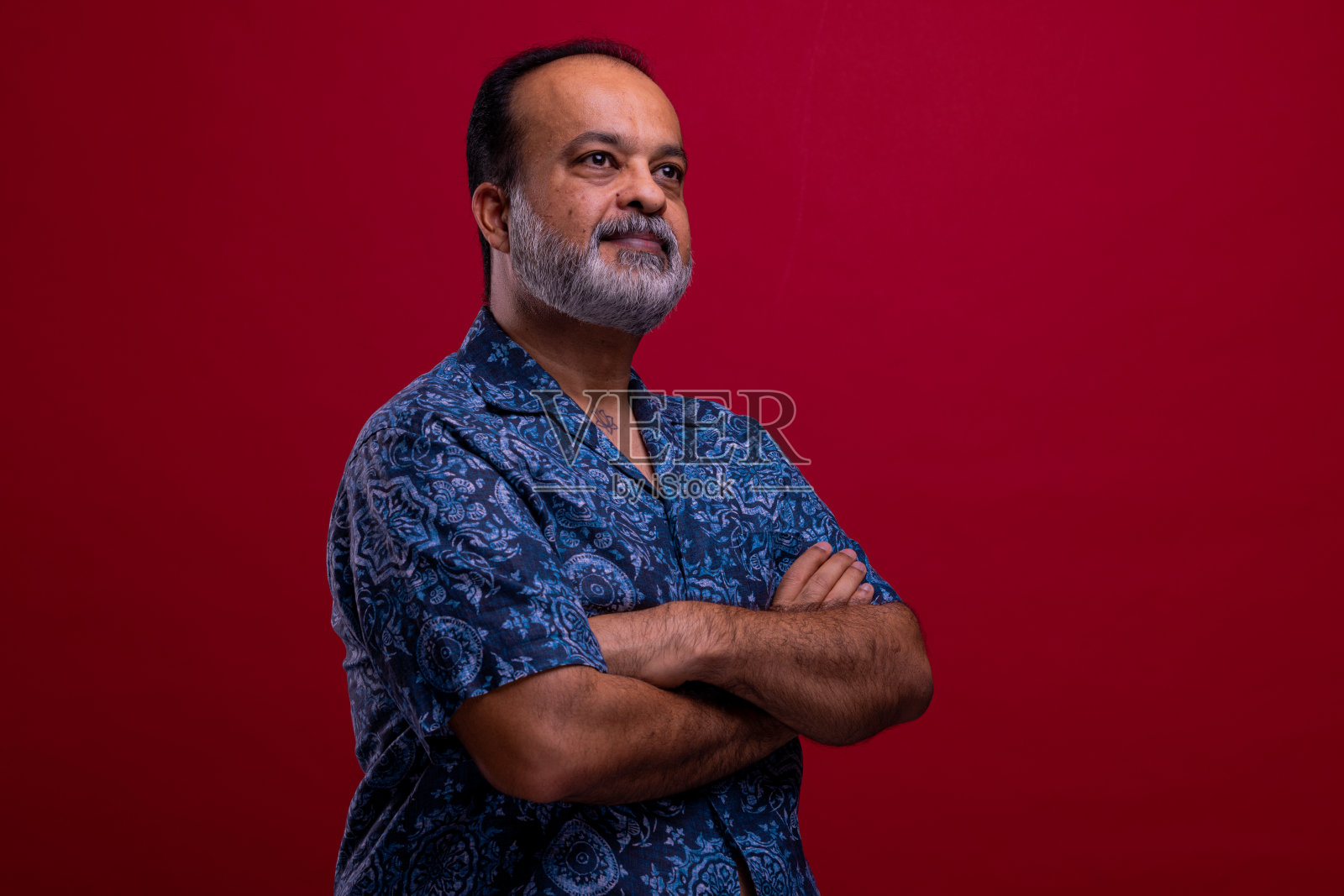 成熟的印度男子肖像在红色背景。照片摄影图片