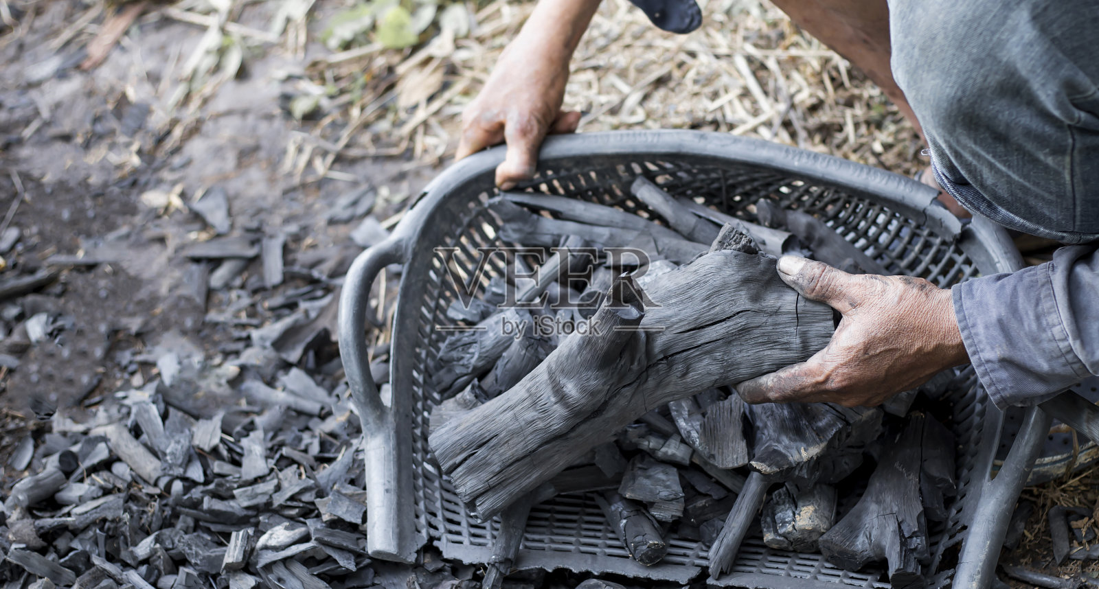 农民们用从农场砍下来的木头来烧木炭。照片摄影图片
