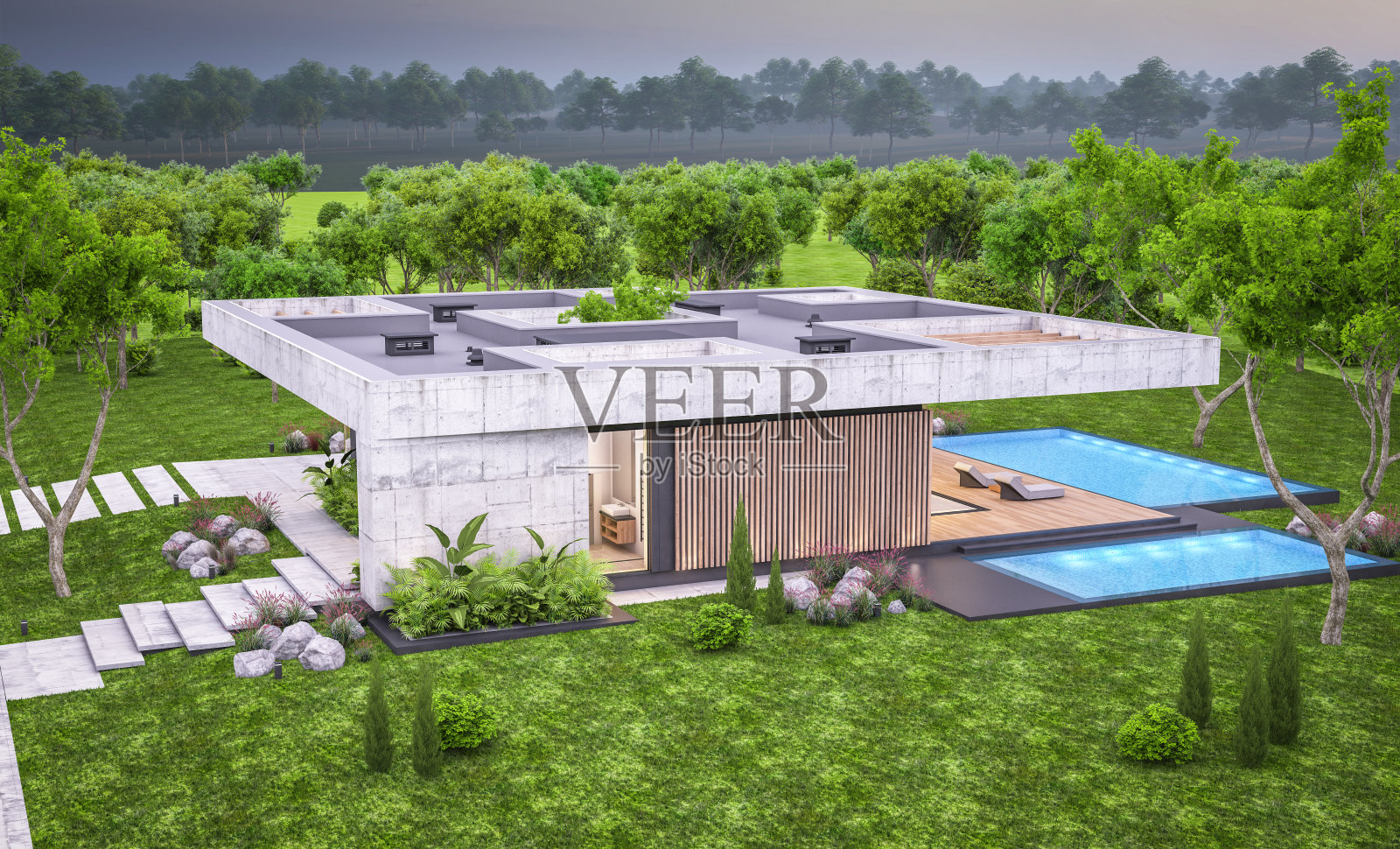 现代风格的新混凝土房子在晚上的3d渲染照片摄影图片