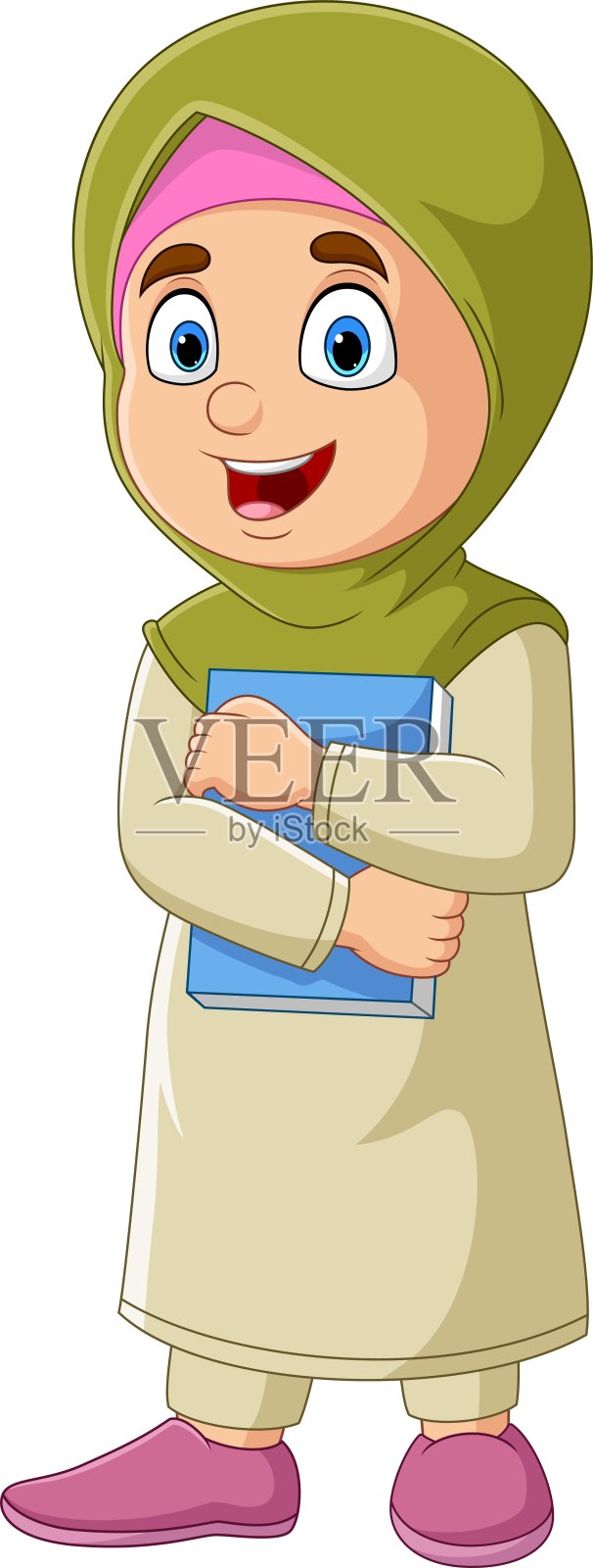 卡通穆斯林女孩拿着一本书插画图片素材
