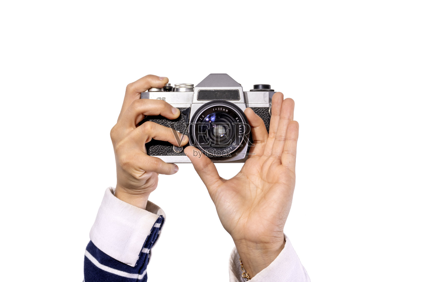 手臂举起的复古相机孤立的背景照片摄影图片