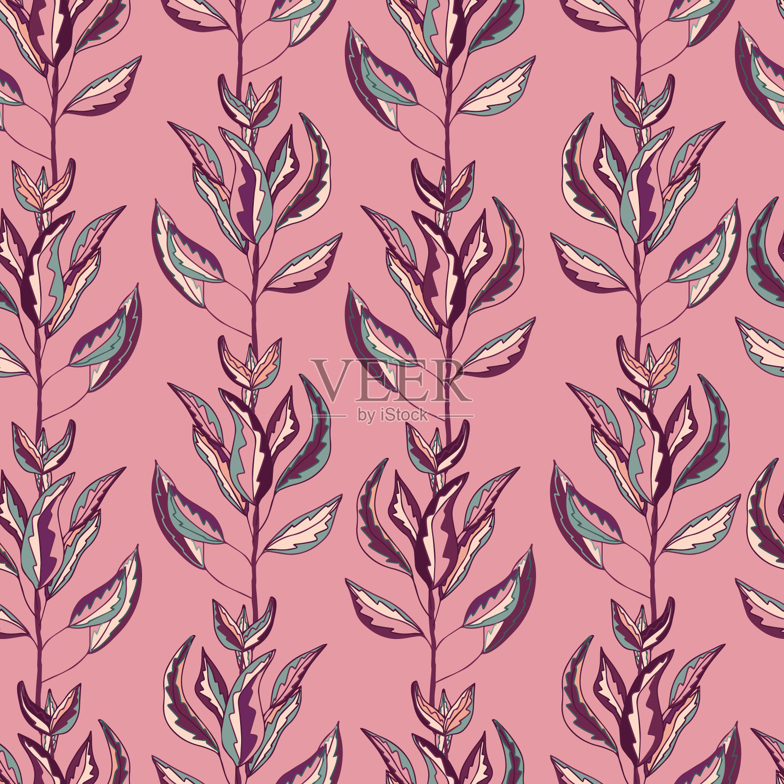 枝干与彩色树叶矢量无缝图案插画图片素材