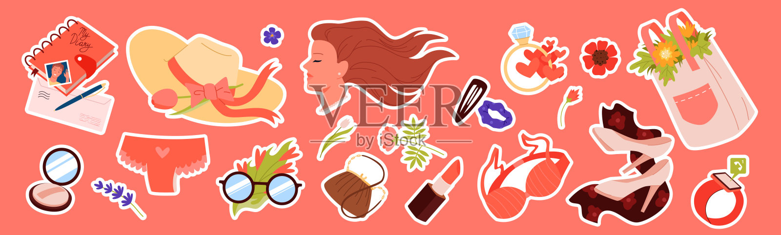 各种不同的贴纸女孩的东西插画图片素材