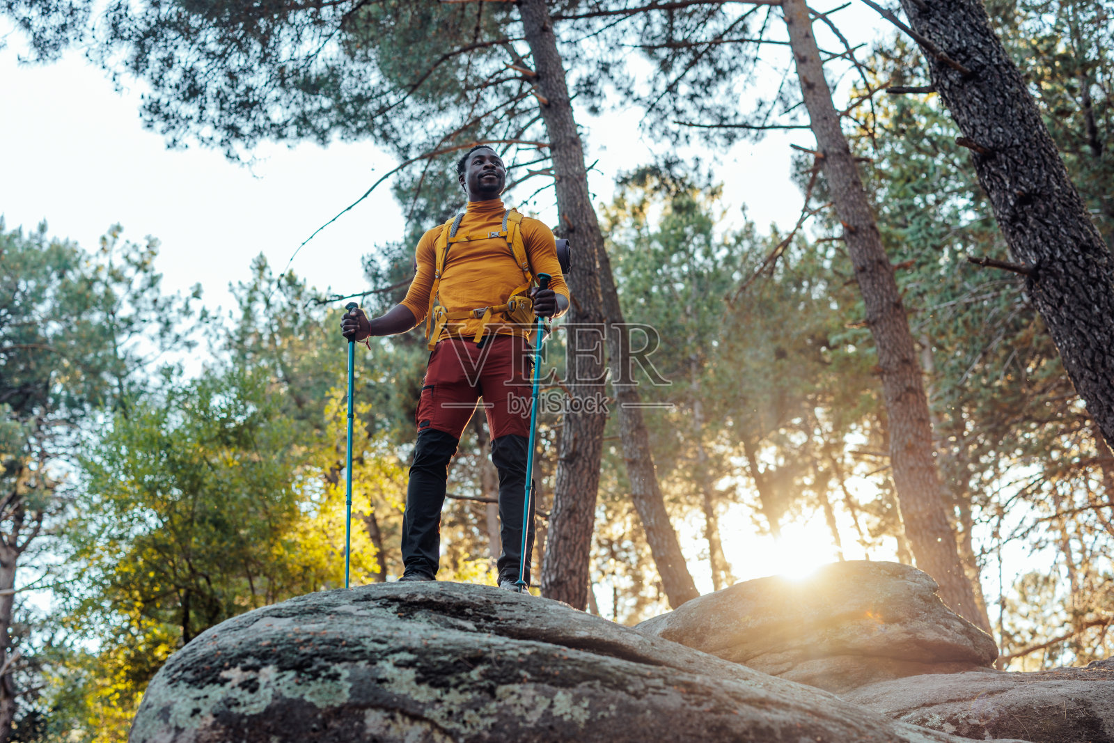 徒步旅行者在树林里欣赏风景照片摄影图片