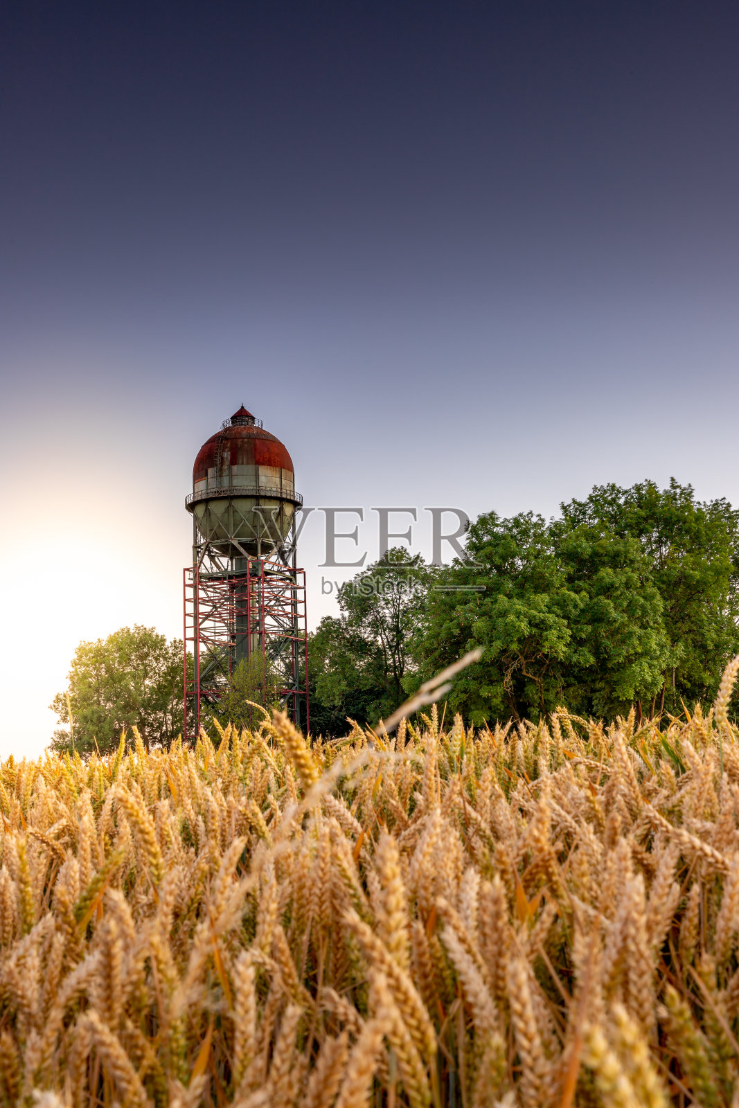 麦田前的旧水箱照片摄影图片
