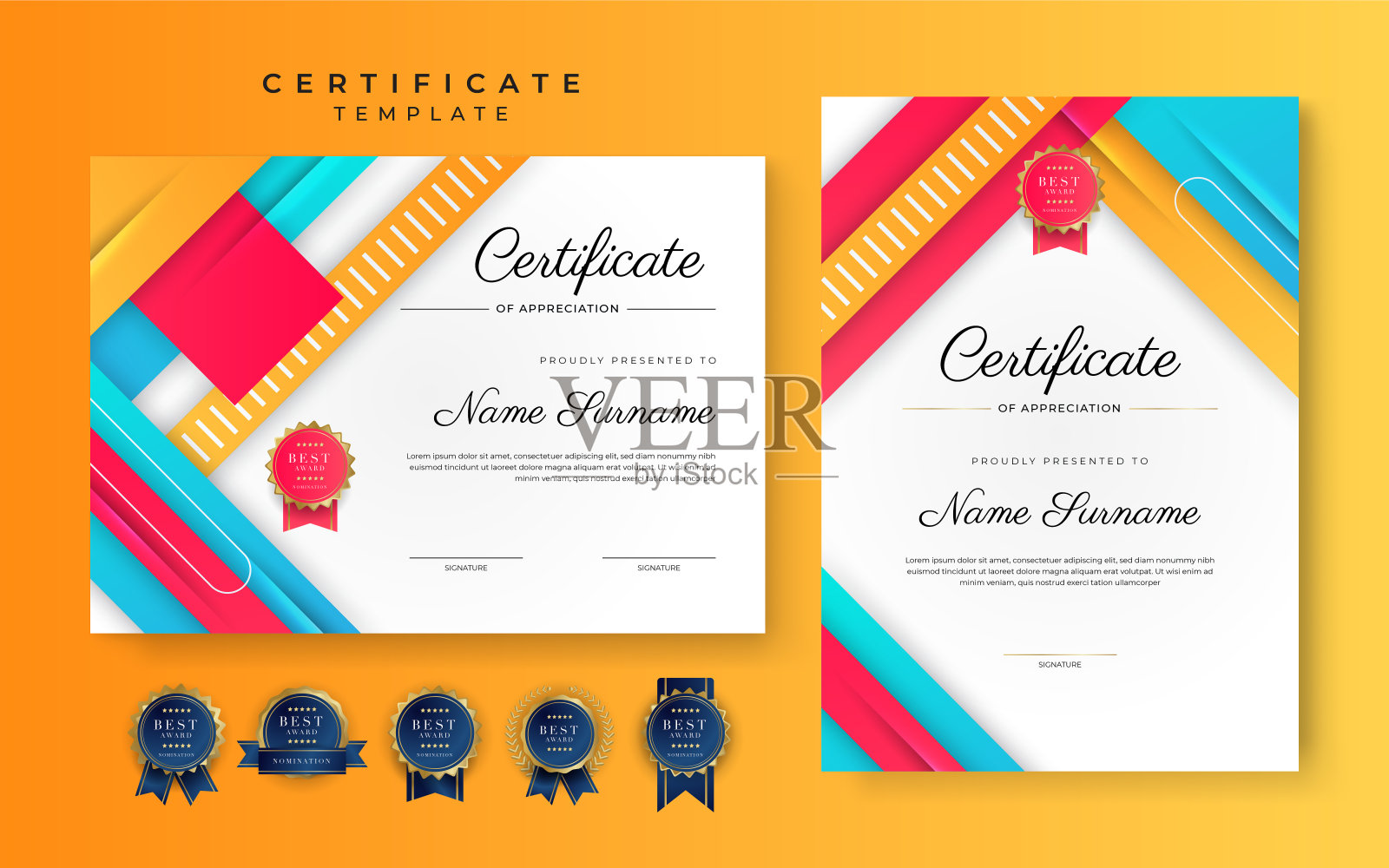 现代蓝色,红色,橙色的成就证书边界模板与豪华徽章和现代线模式。为了奖励、商业和教育需求插画图片素材