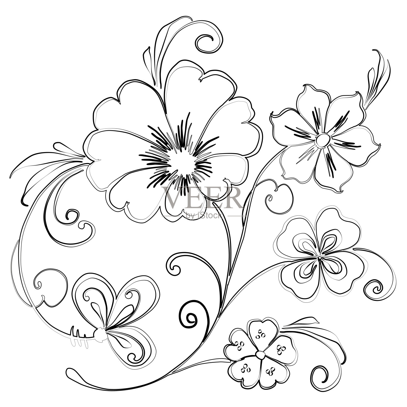 装饰性幻想花的轮廓画插画图片素材