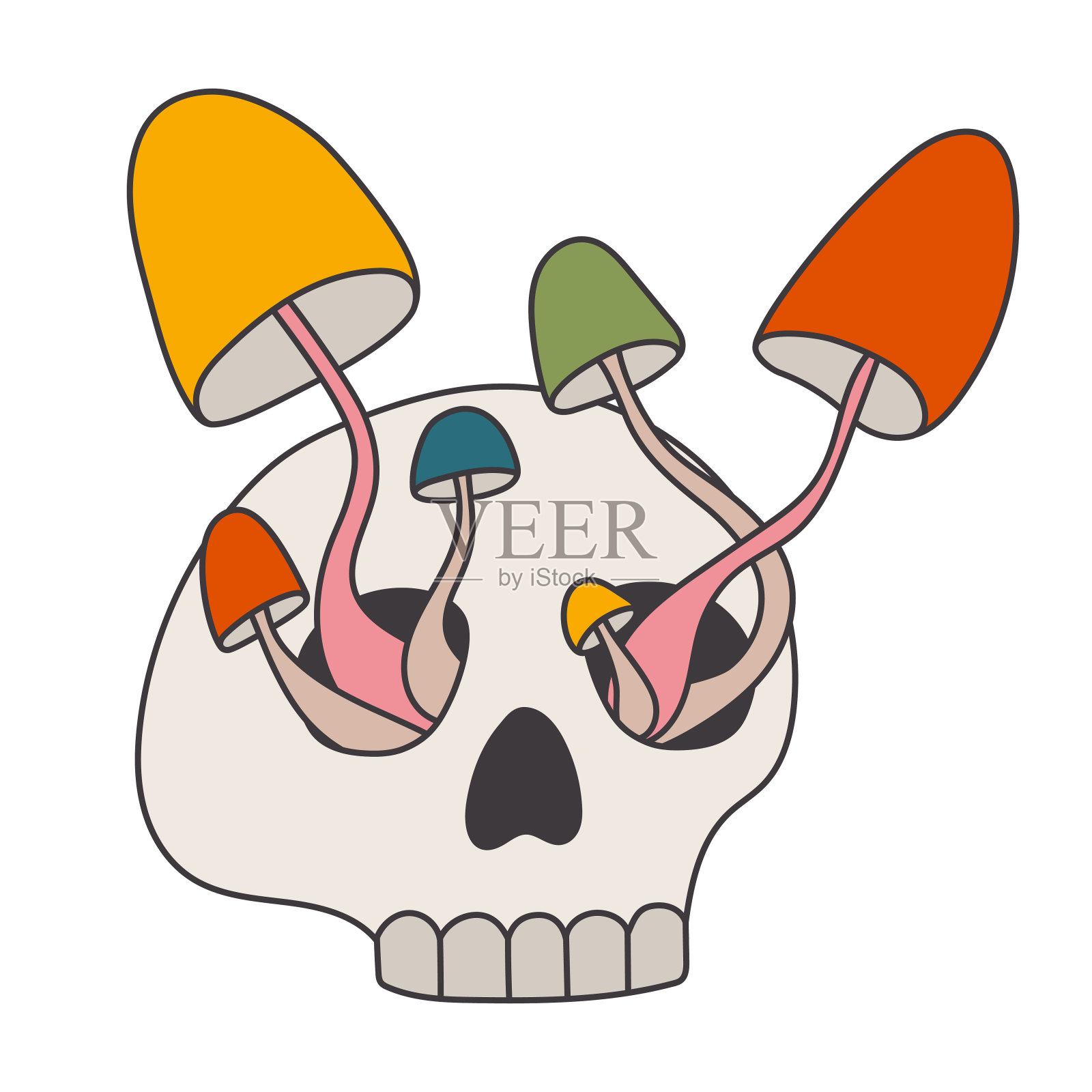 1970年的迷幻蘑菇和头骨。70年代嬉皮士剪纸艺术。插画图片素材