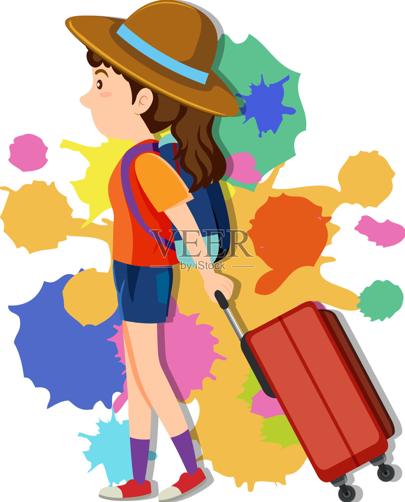 女孩拉行李在五颜六色的背景设计元素图片