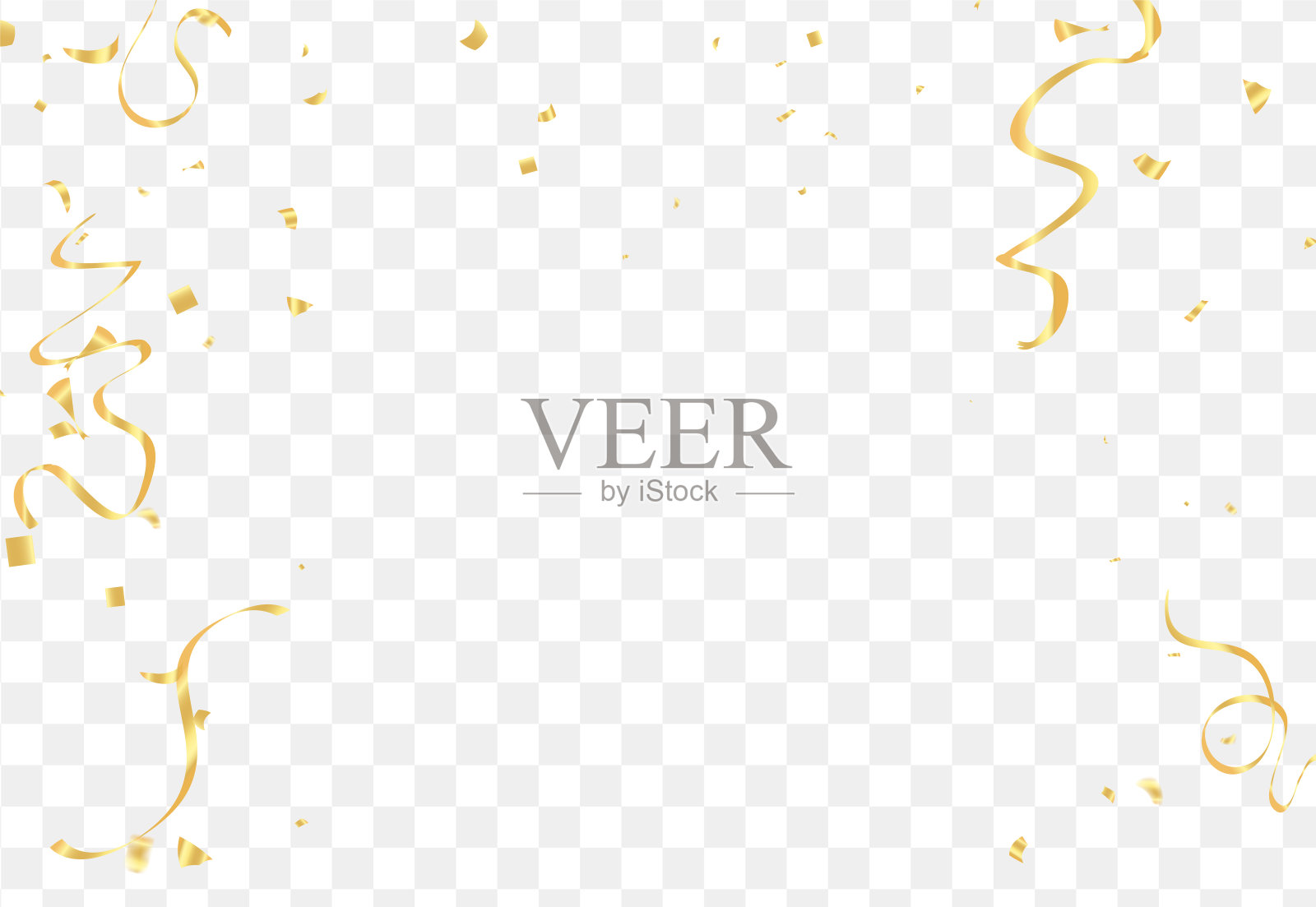 在透明的背景上散落着闪闪发光的金色纸屑。VIP飞耀元素,金箔纹理蛇形飘带,五彩纸屑矢落新年。插画图片素材