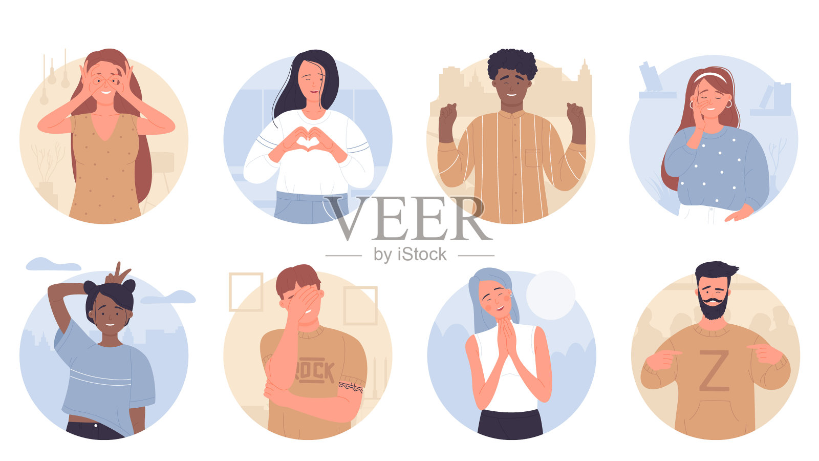 快乐的人与滑稽的脸在圆形的反应插画图片素材