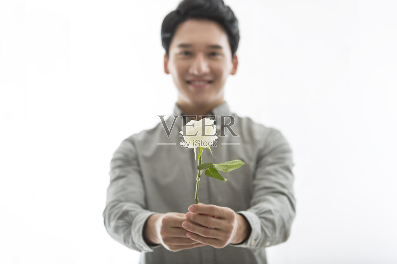 赠送的白色玫瑰花束,双手捧着充满活力和帅气的中国日韩青年男子——stock photo照片摄影图片
