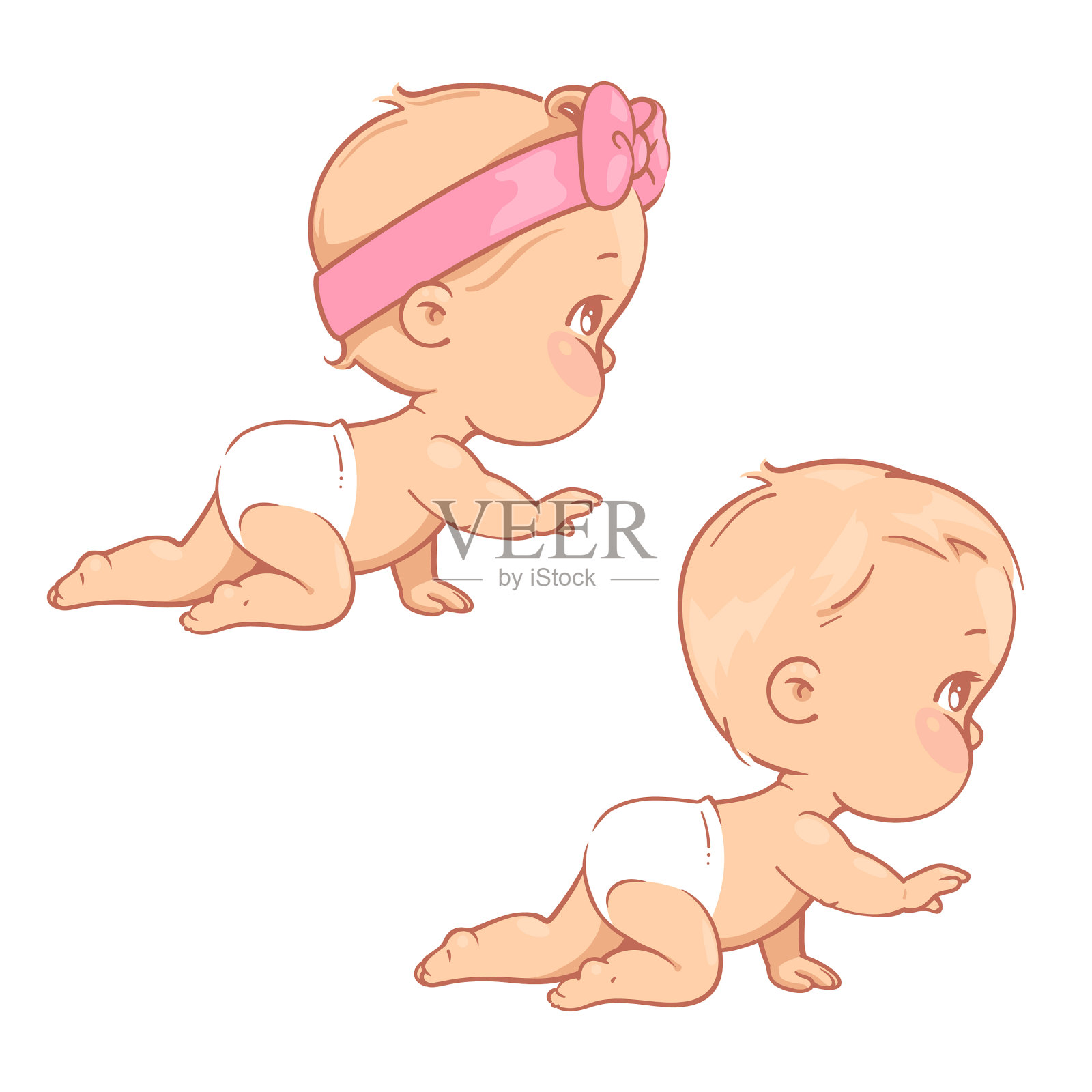 可爱的小男孩和女孩在尿布上爬行设计元素图片