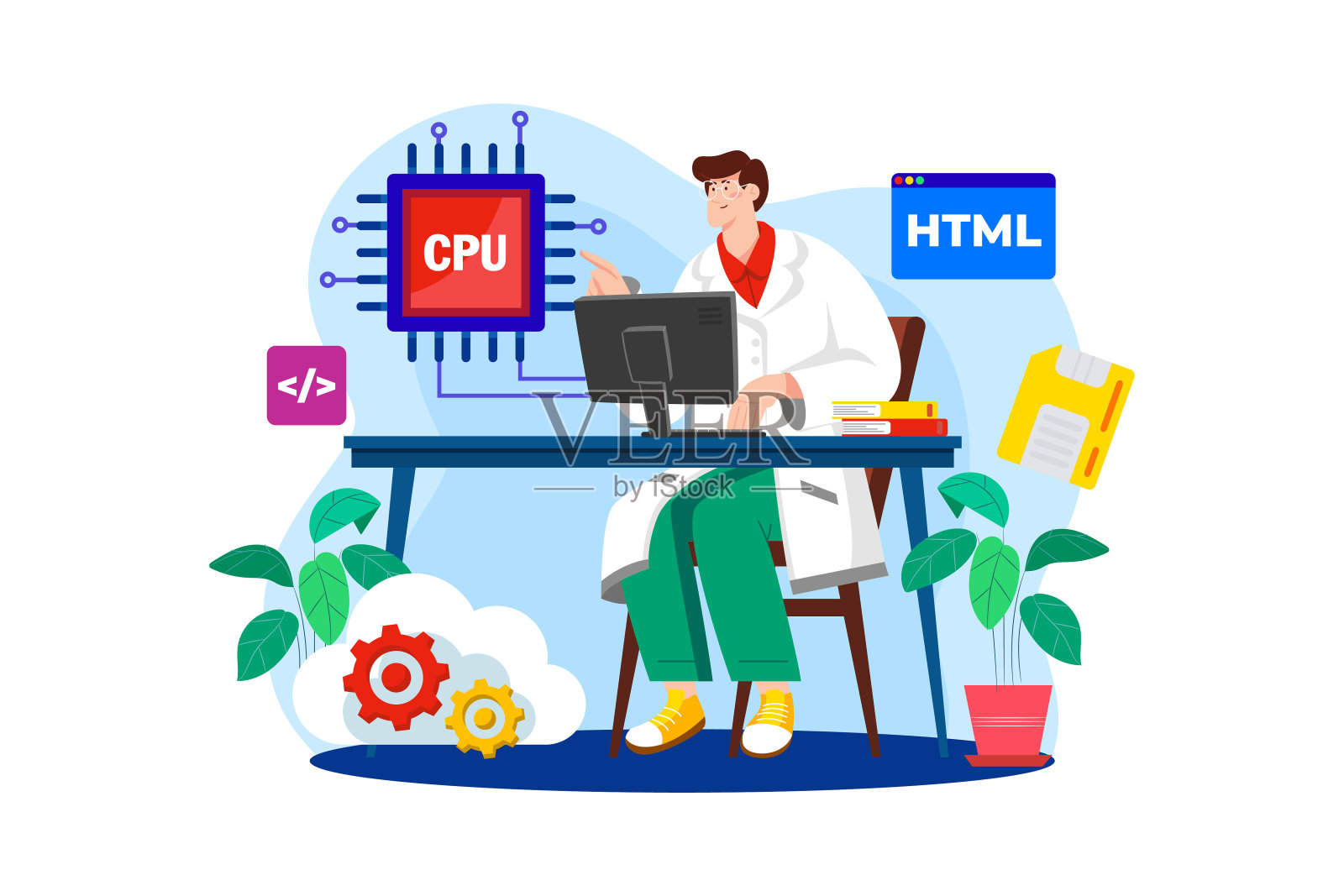 计算机科学家平面插图概念在白色背景设计元素图片