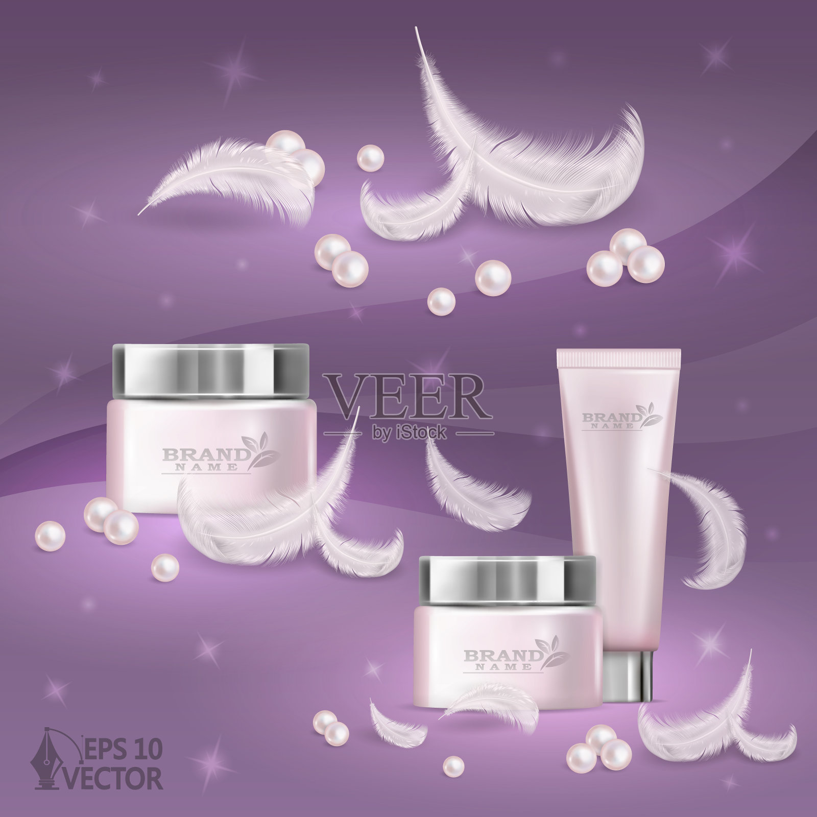 广告套装护肤化妆品,软粉色包装霜装饰珍珠和空气羽毛,三维现实矢量插图插画图片素材