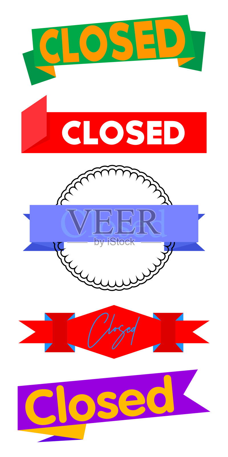 一组带关闭的文本缎带。旗帜模板。标签贴纸。的迹象。插画图片素材