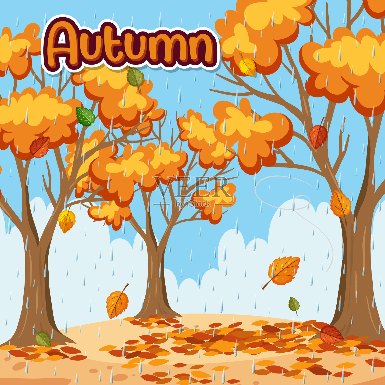 秋天的树木背景与秋天的字插画图片素材