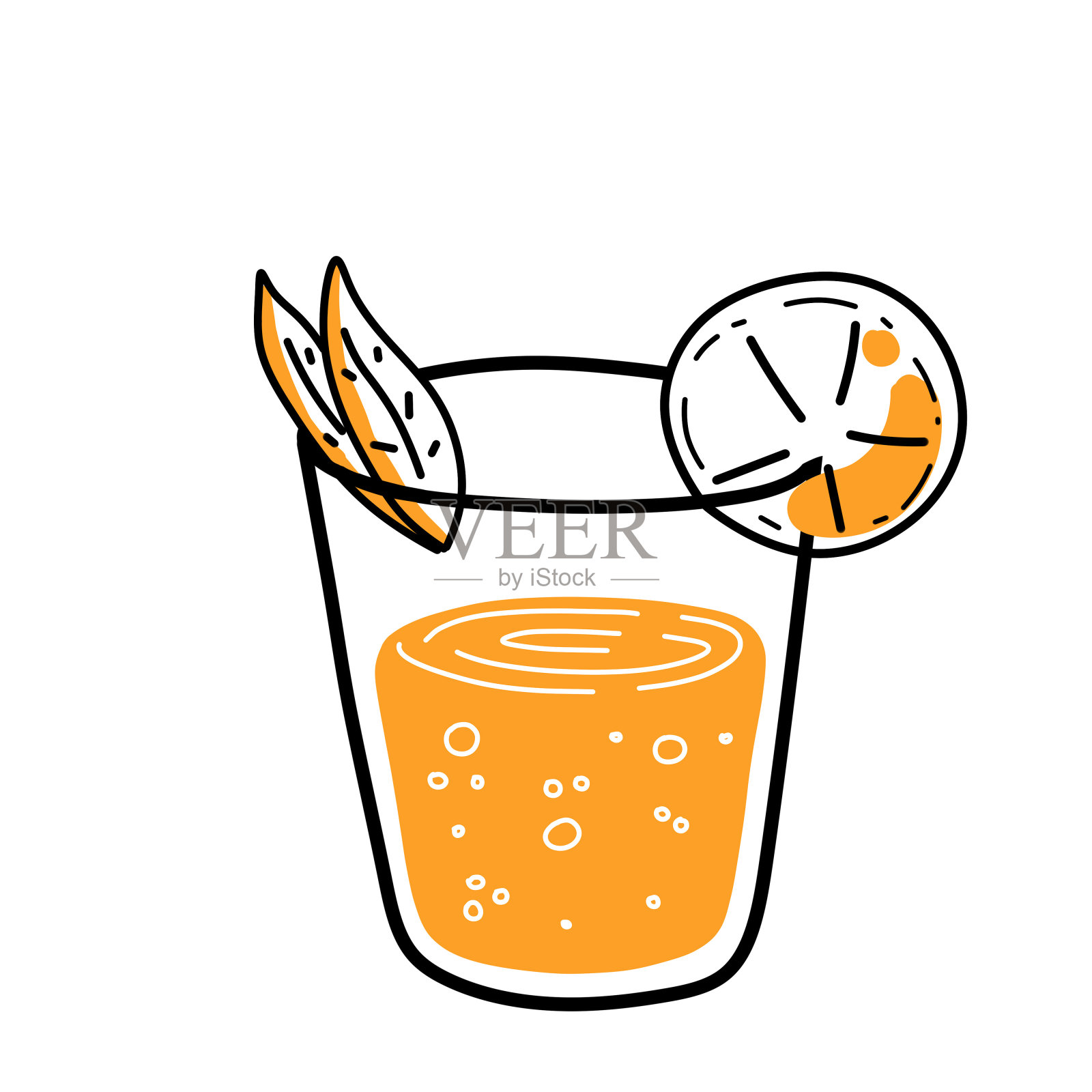 橙汁。一杯新鲜的饮料。解渴和夏季鸡尾酒。时尚的轮廓卡通插画图片素材