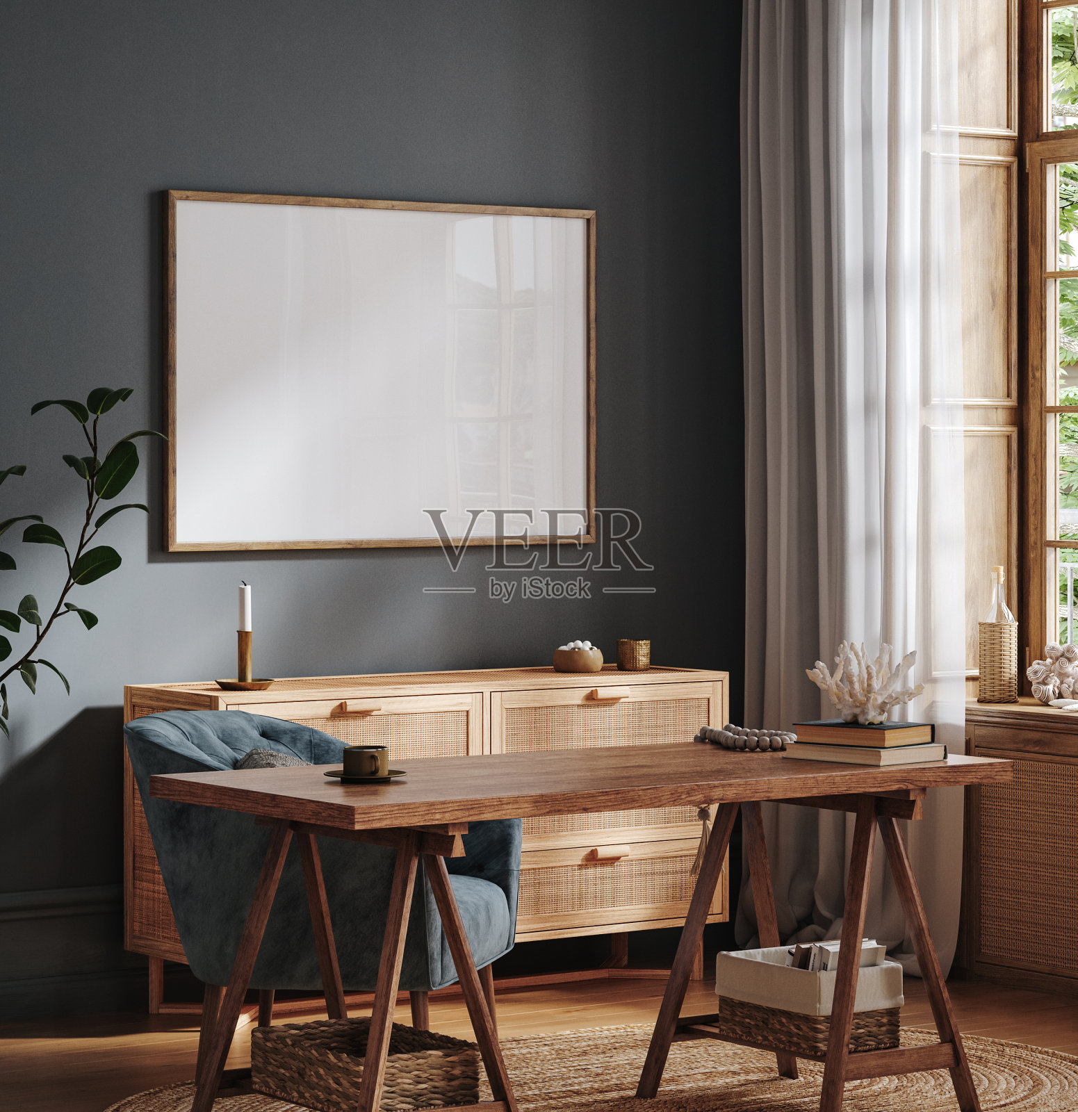 家庭模型,复古家庭办公室内部背景照片摄影图片