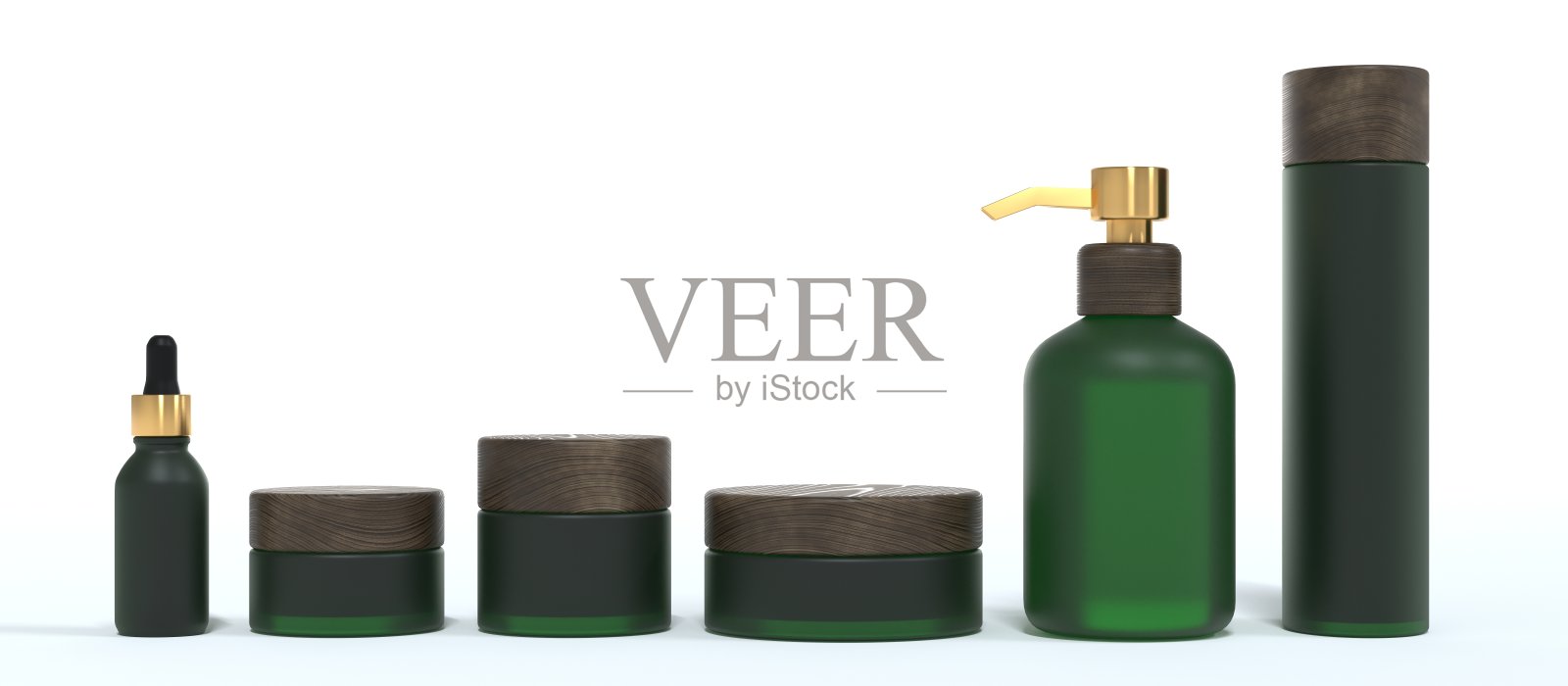 一套六种不同的绿色玻璃化妆品霜罐和木制盖子瓶子,美容和护理产品包装和品牌3D渲染模型照片摄影图片