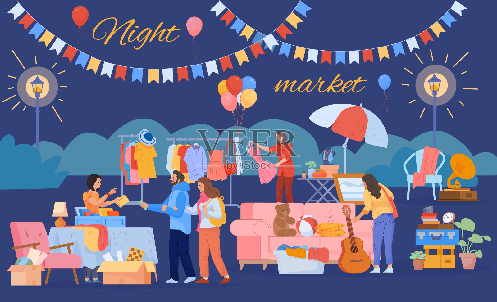 跳蚤市场。卡通跳蚤市场社区,车库商店出售古董家具二手时尚服装,博览会零售二手潮人的东西,时髦的矢量插图插画图片素材