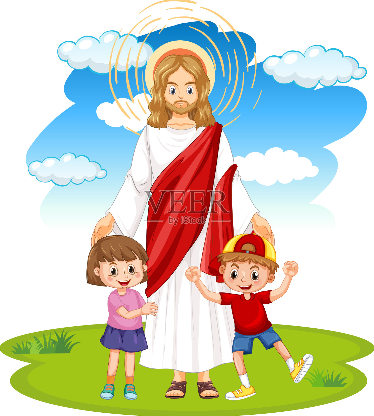 白色背景上的耶稣和孩子们设计元素图片