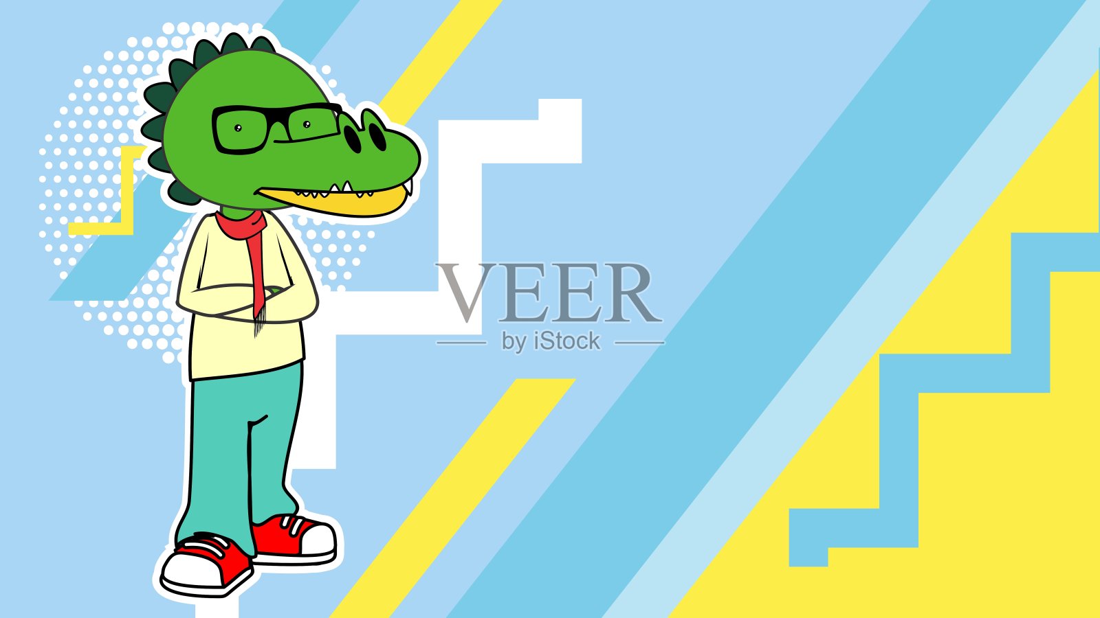 站在时尚服装背景的年轻鳄鱼卡通插画图片素材