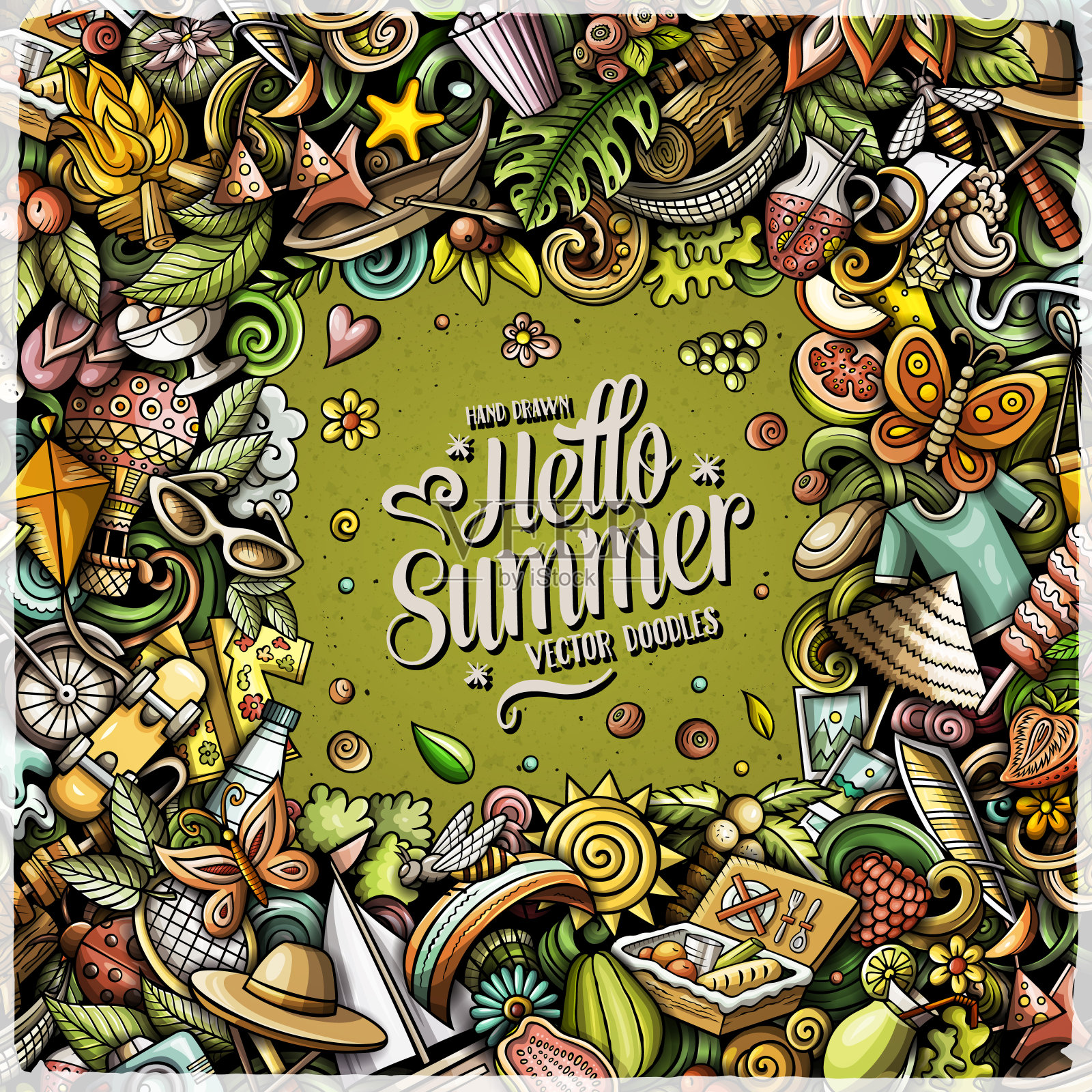 夏天卡通矢量涂鸦框。插画图片素材