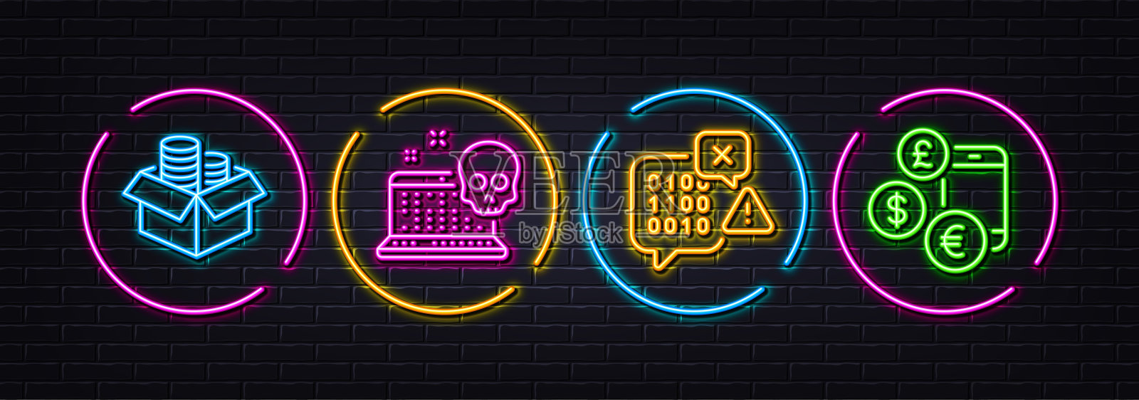 钱箱,二进制代码和网络攻击最小线图标。对于web应用程序,打印。氖激光3d灯。向量插画图片素材