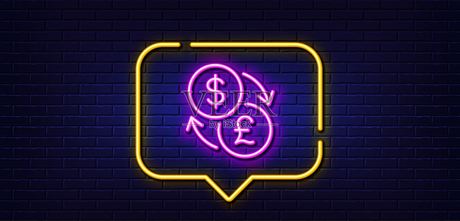 货币兑换线图标。美元对英镑的货币符号。霓虹灯语音泡泡。向量插画图片素材