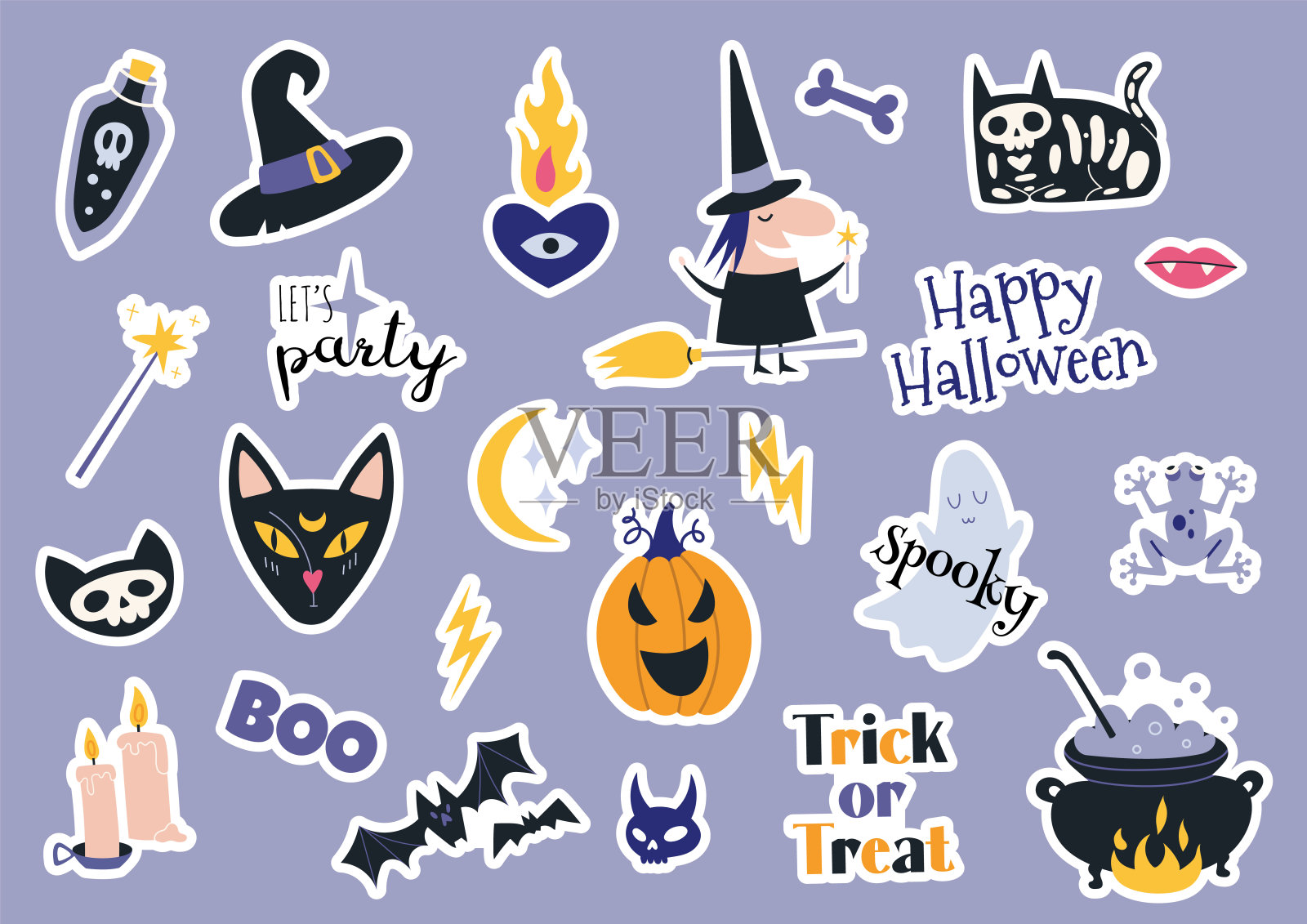 快乐万圣节贴纸包南瓜,蝙蝠,装饰元素。波西米亚神秘的魔法收藏剪贴画。贴纸的风格。时髦的现代矢量插图,手绘,平面设计元素图片