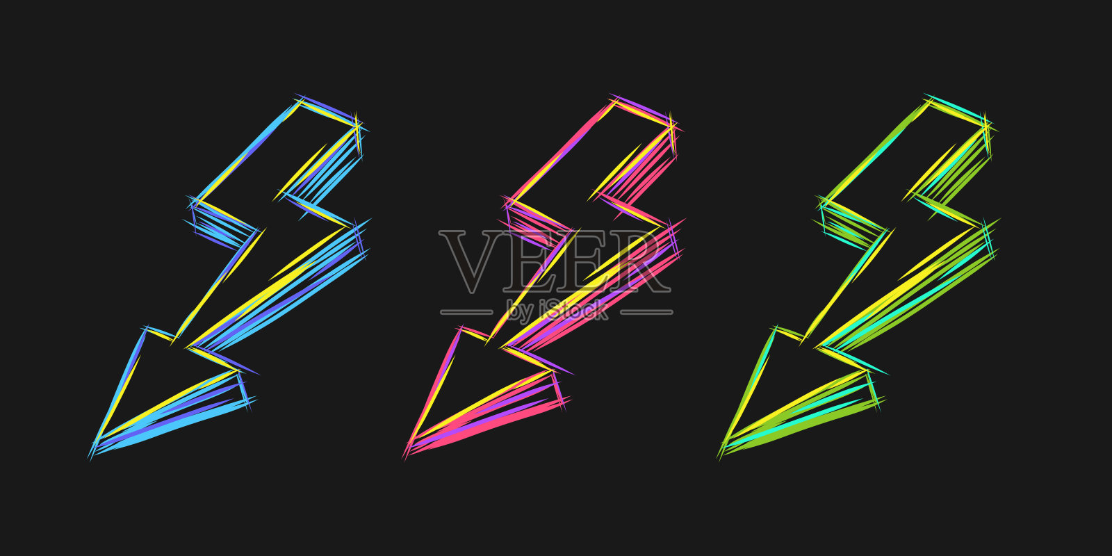 闪电螺栓霓虹灯线草图插图设置在不同的颜色插画图片素材